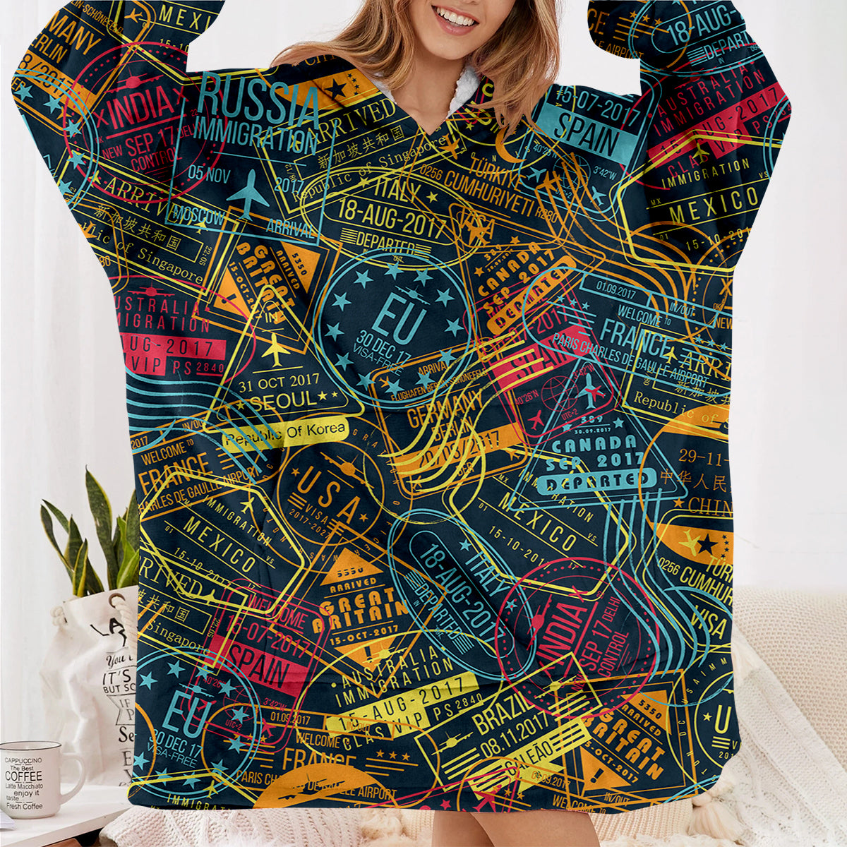 Dark Coloured Passport Stamps Designed Blanket Hoodies