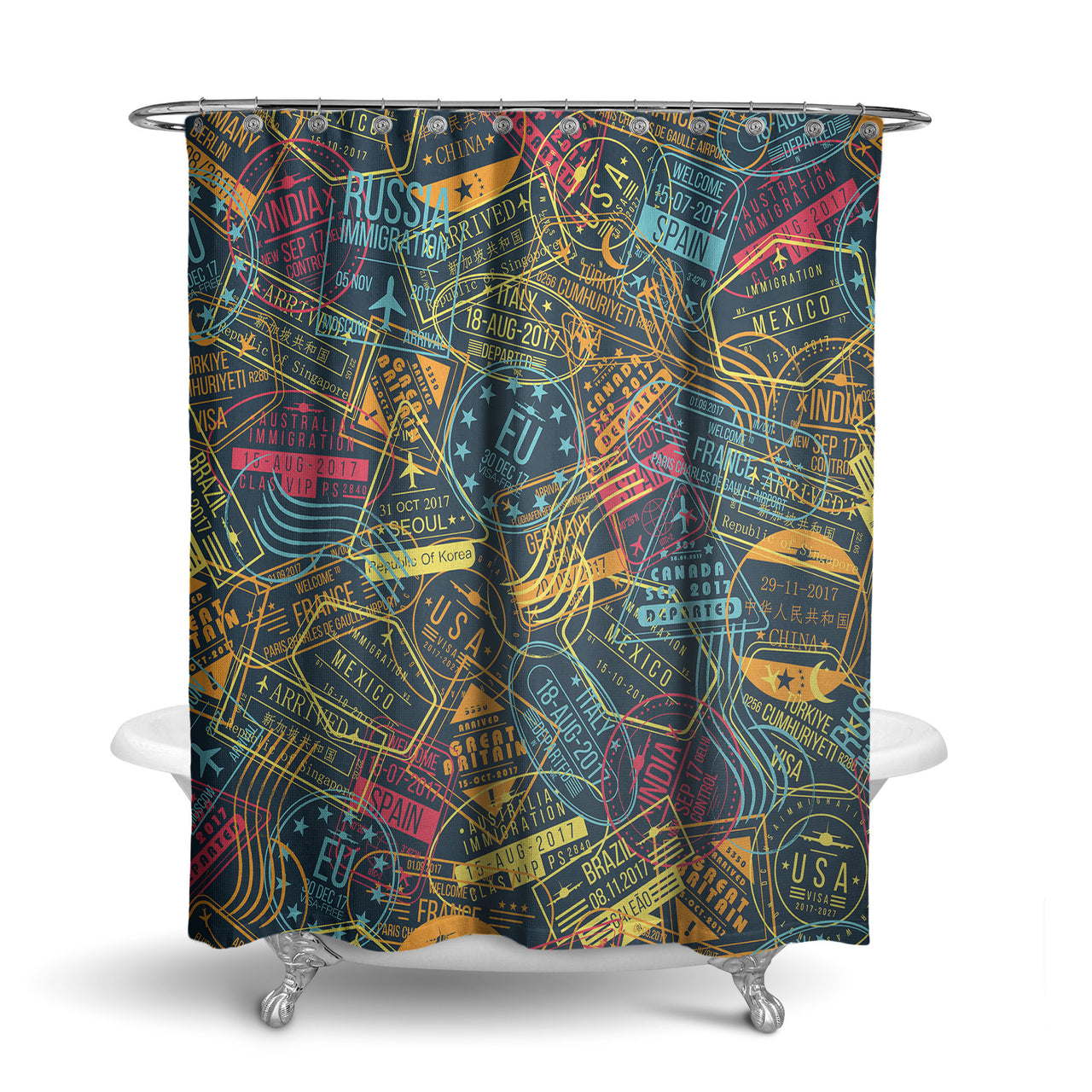Dark Coloured Passport Stamps Designed Shower Curtains
