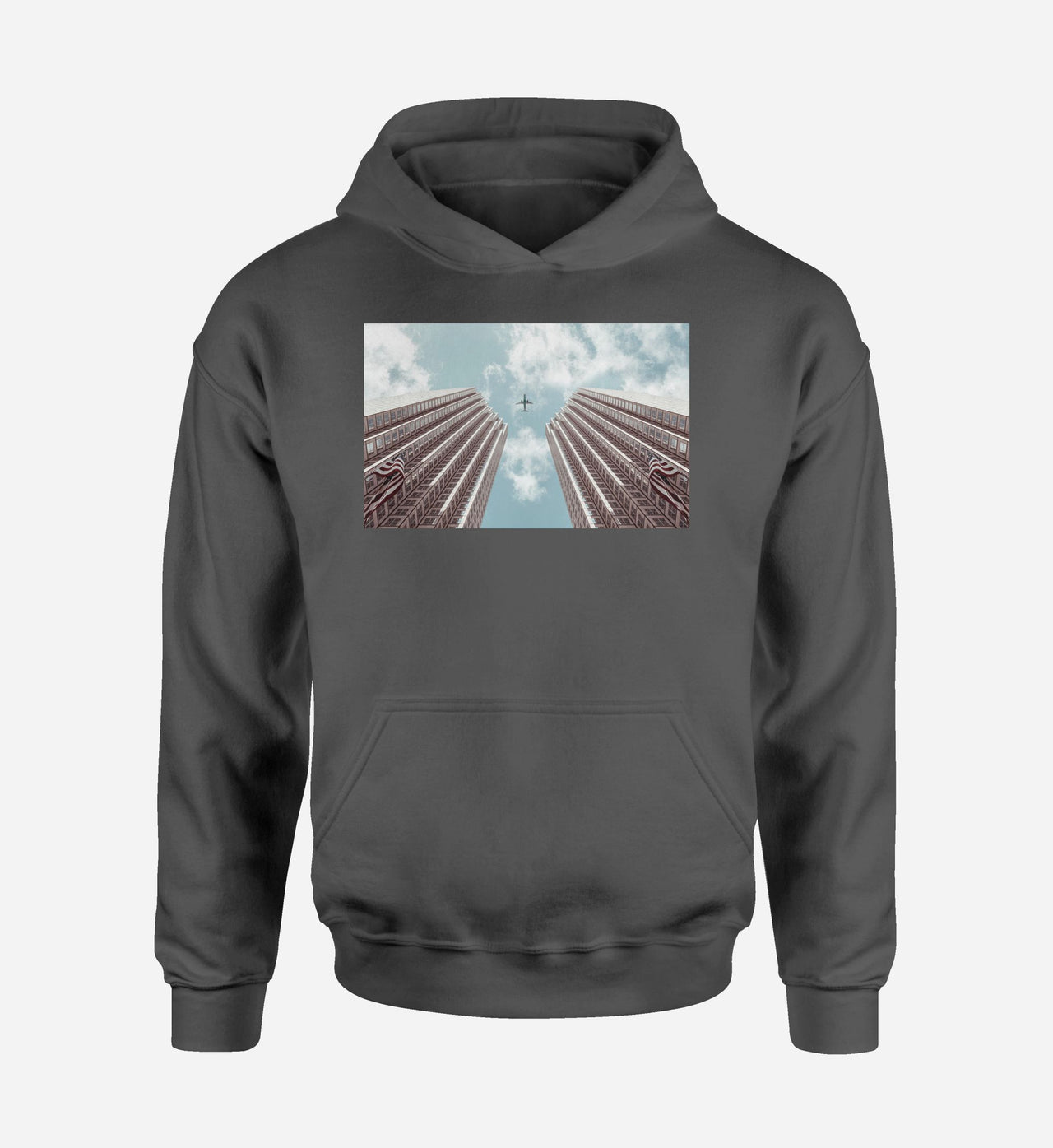 Airplane Flying over Big Buildings Designed Hoodies