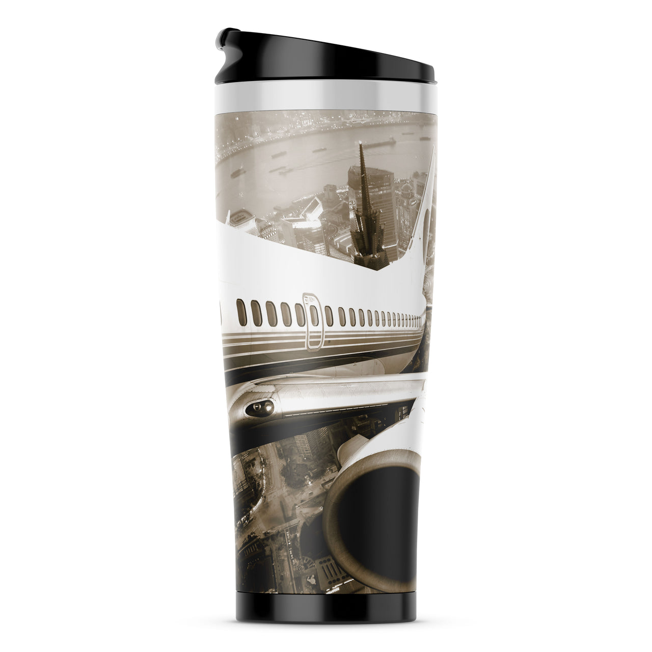 Departing Aircraft & City Scene behind Designed Travel Mugs