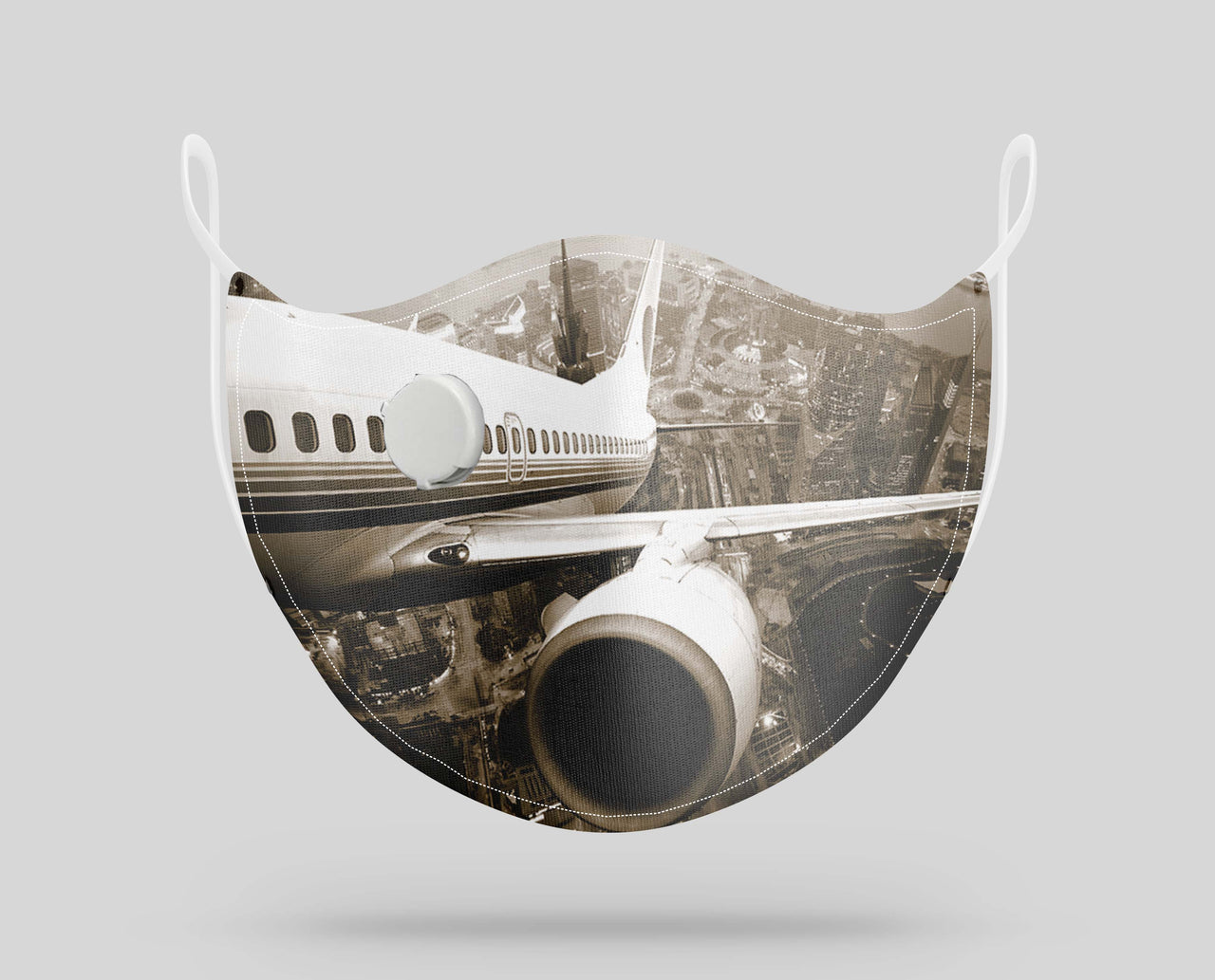 Departing Aircraft & City Scene behind Designed Face Masks