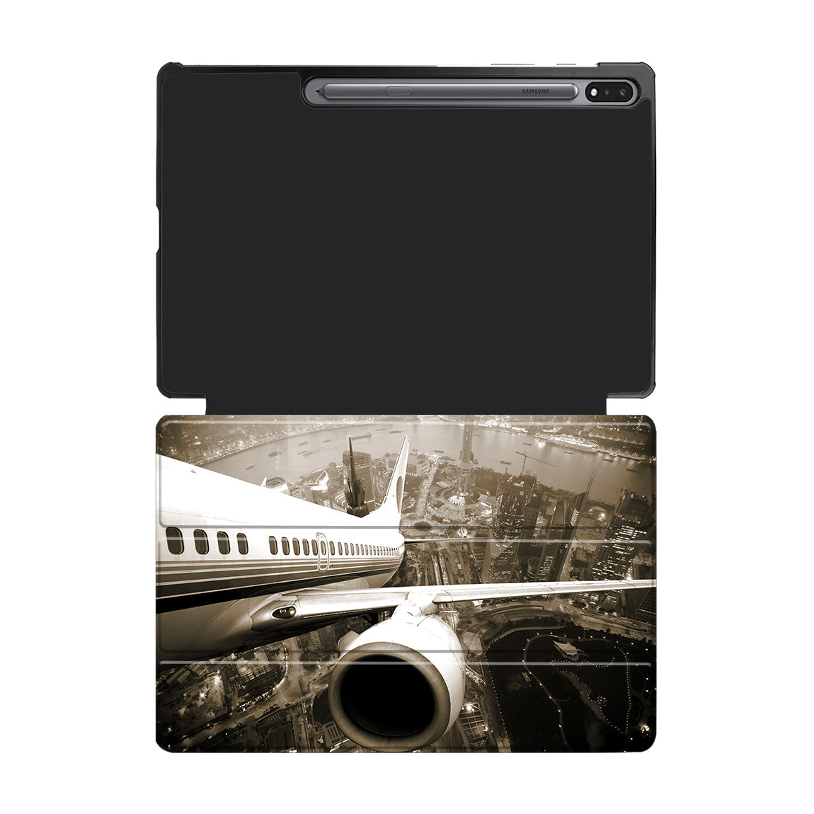 Departing Aircraft & City Scene behind Designed Samsung Tablet Cases