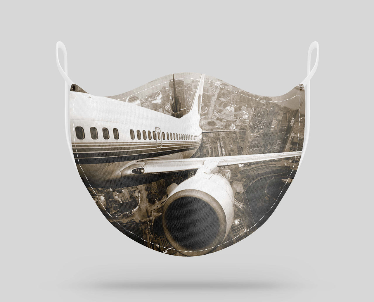 Departing Aircraft & City Scene behind Designed Face Masks