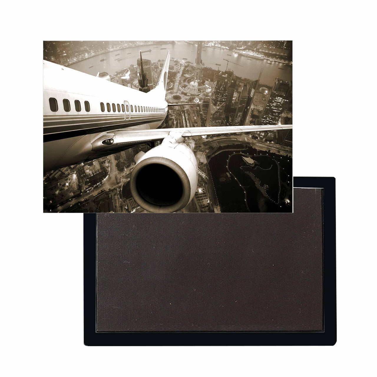 Departing Aircraft & City Scene behind Designed Magnets
