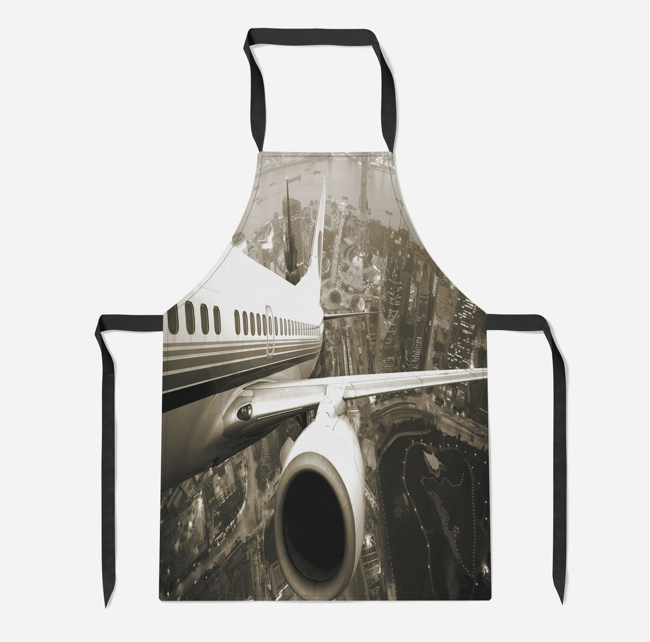 Departing Aircraft & City Scene behind Designed Kitchen Aprons