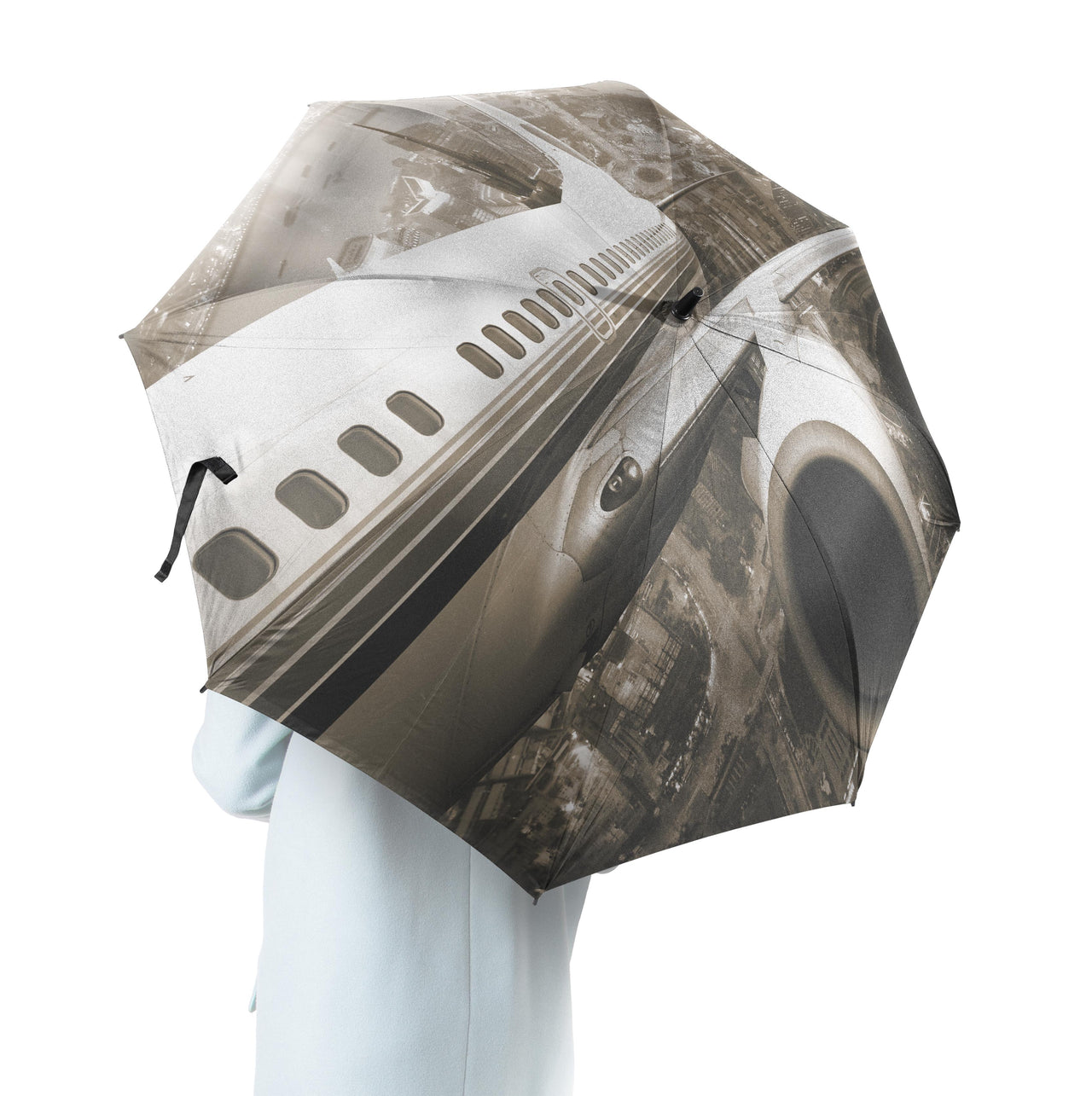 Departing Aircraft & City Scene behind Designed Umbrella