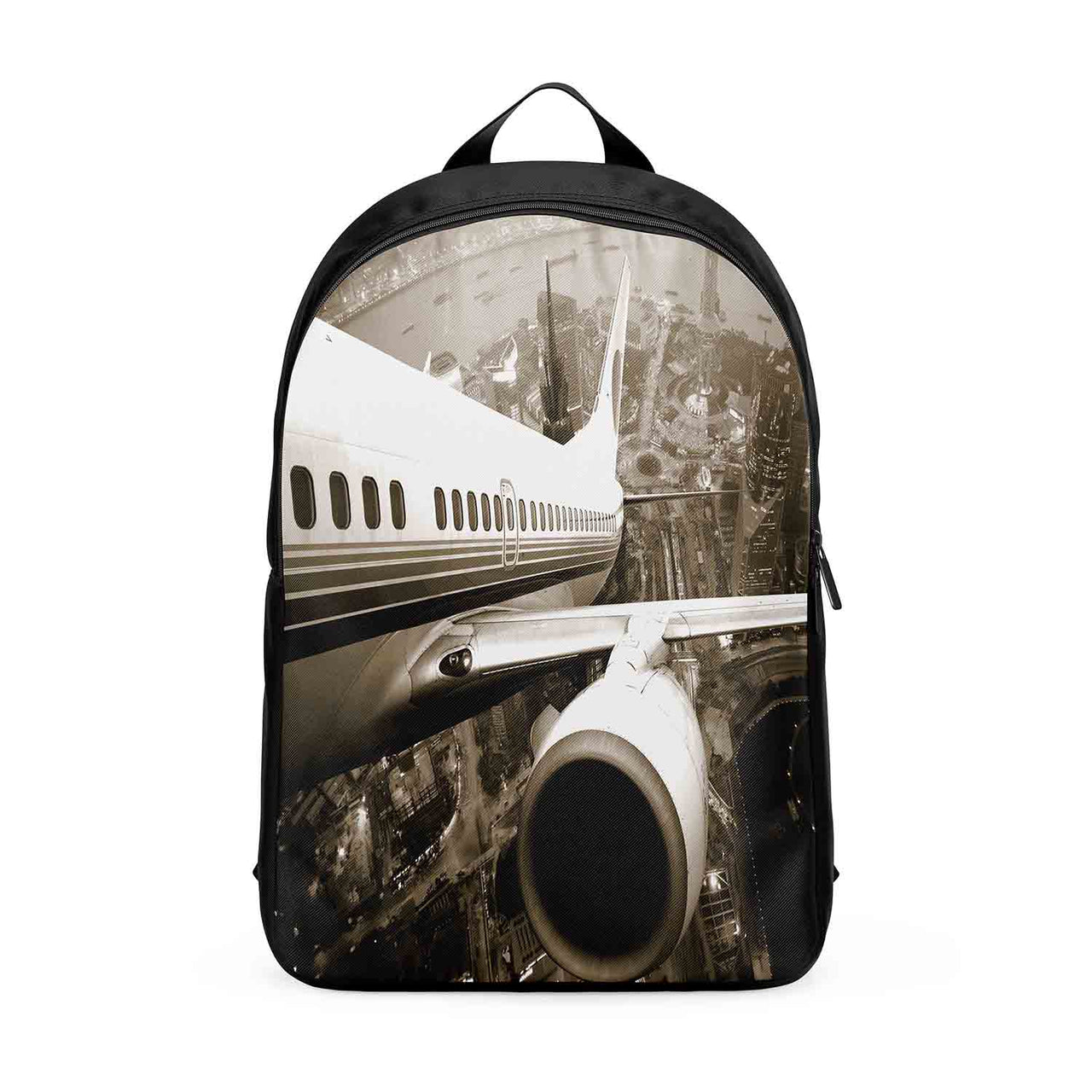 Departing Aircraft & City Scene behind aviation backpack in durable polyester.