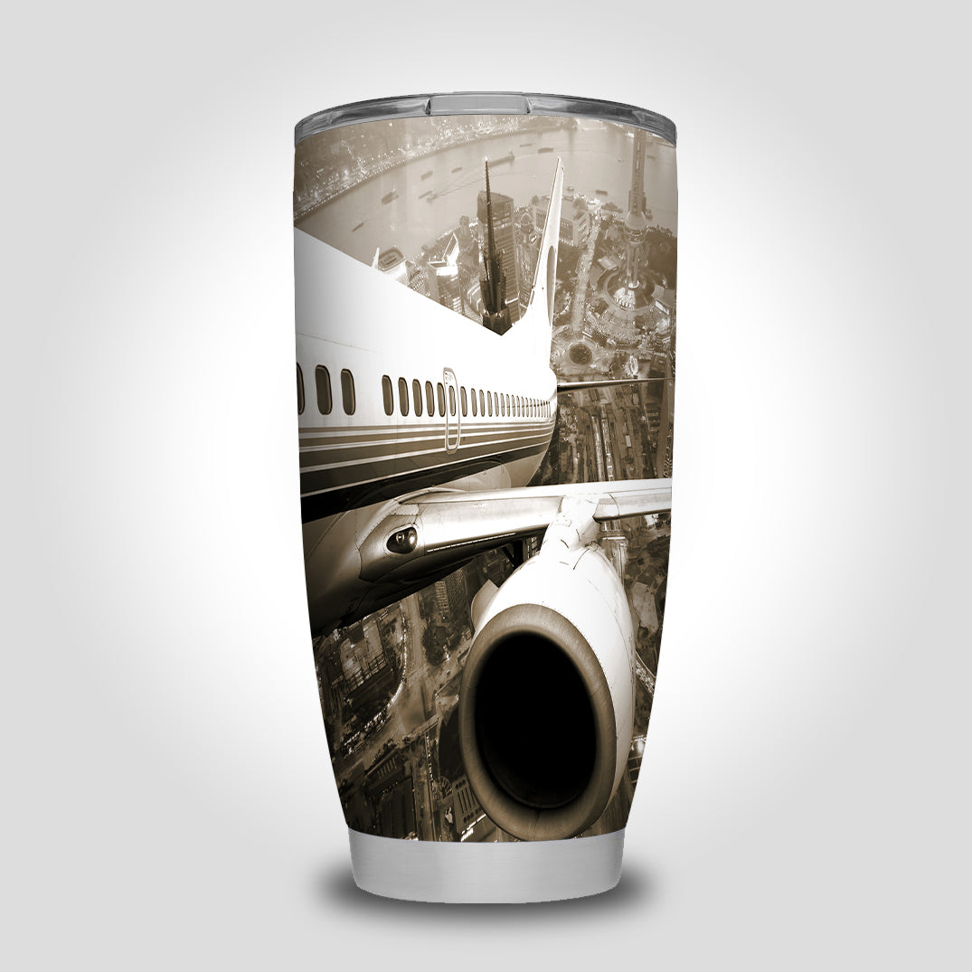Departing Aircraft & City Scene behind Designed Tumbler Travel Mugs