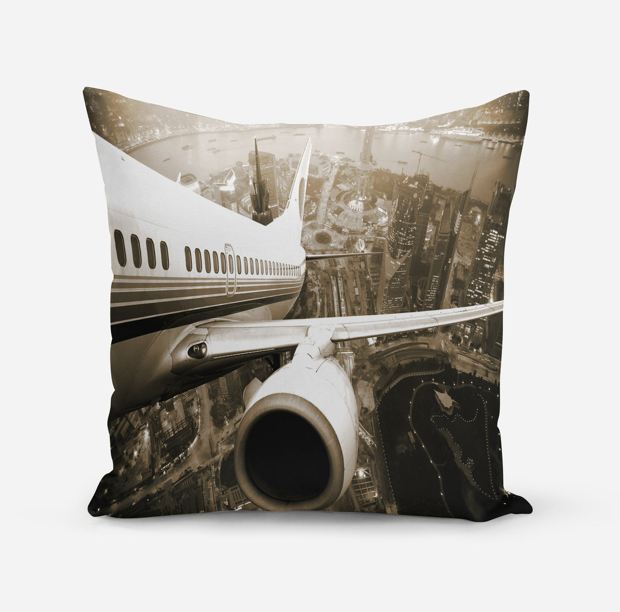 Departing Aircraft & City Scene behind Designed Pillows