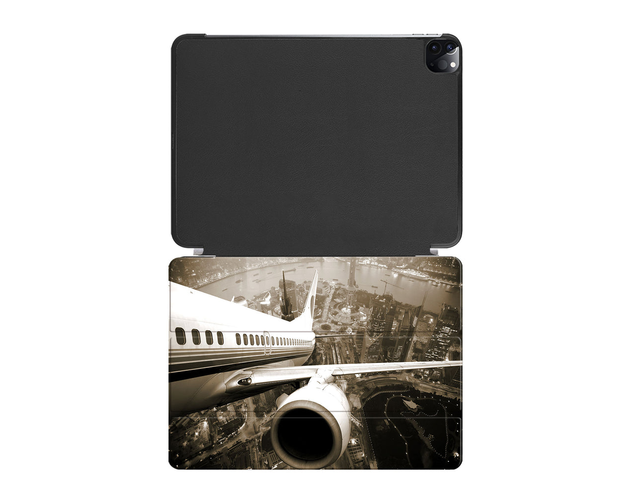 Departing Aircraft & City Scene behind Designed iPad Cases