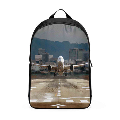 Departing Boeing 787 Dreamliner aviation print backpack, durable polyester.