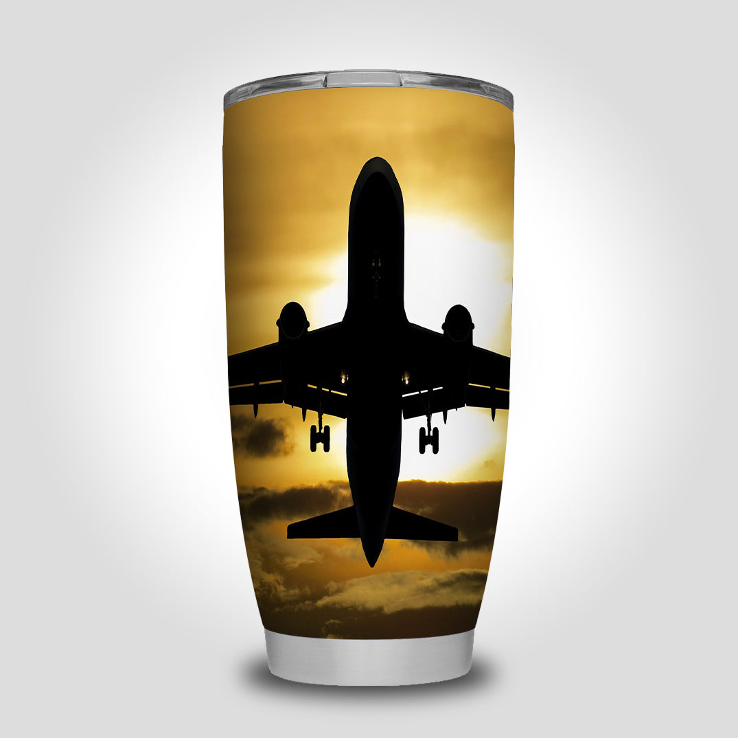 Departing Passanger Jet During Sunset Designed Tumbler Travel Mugs
