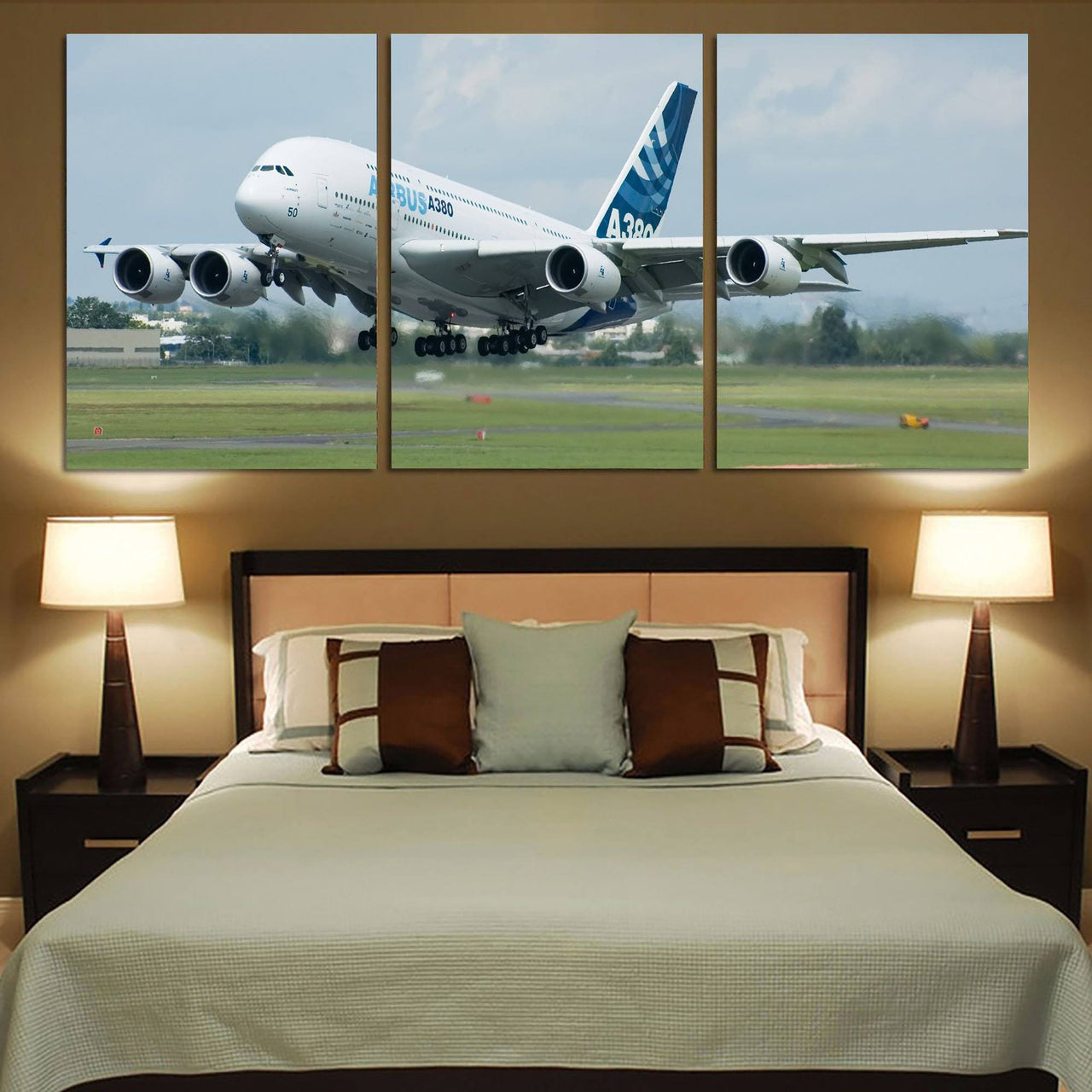 Departing Airbus A380 with Original Livery Printed Canvas Posters (3 Pieces) Aviation Shop 