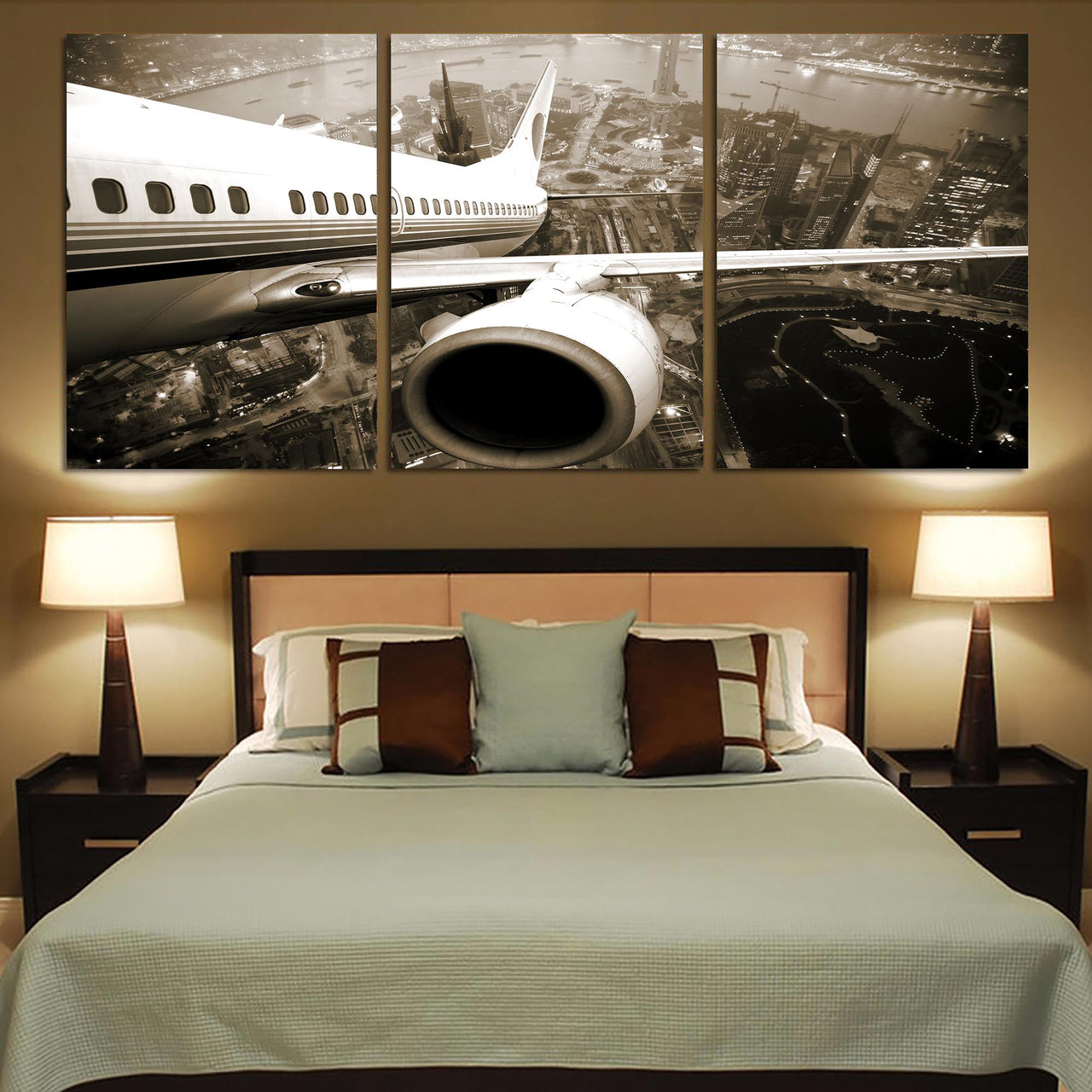 Departing Aircraft & City Scene behind Printed Canvas Posters (3 Pieces)