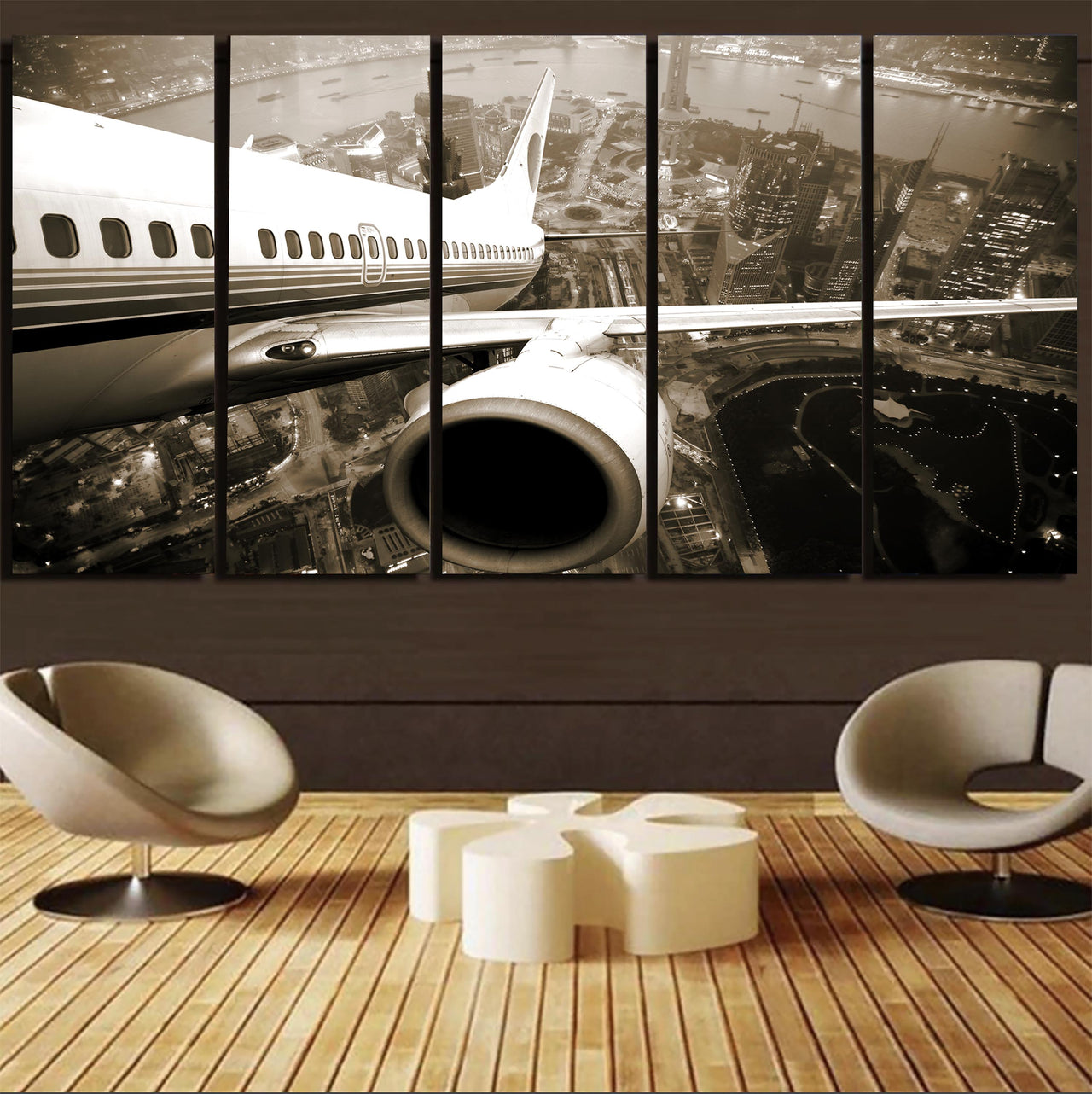 Departing Aircraft & City Scene behind Printed Canvas Prints (5 Pieces)