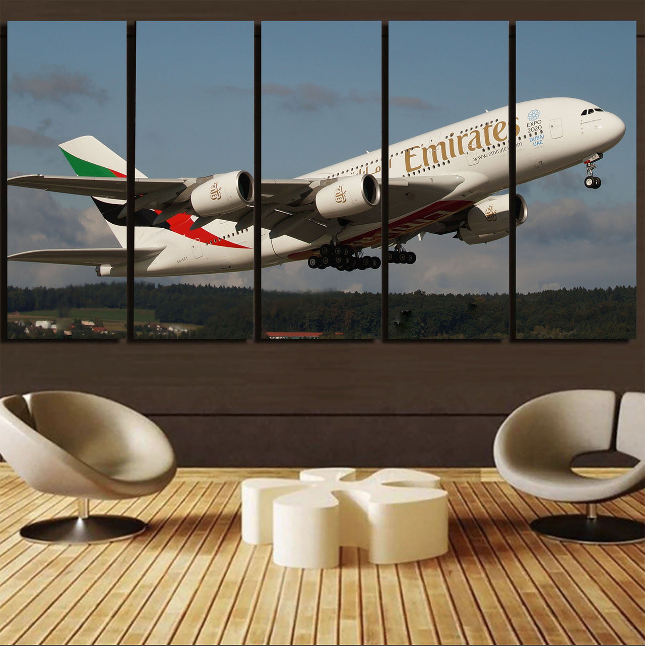 Departing Emirates A380 Printed Canvas Prints (5 Pieces) Aviation Shop 