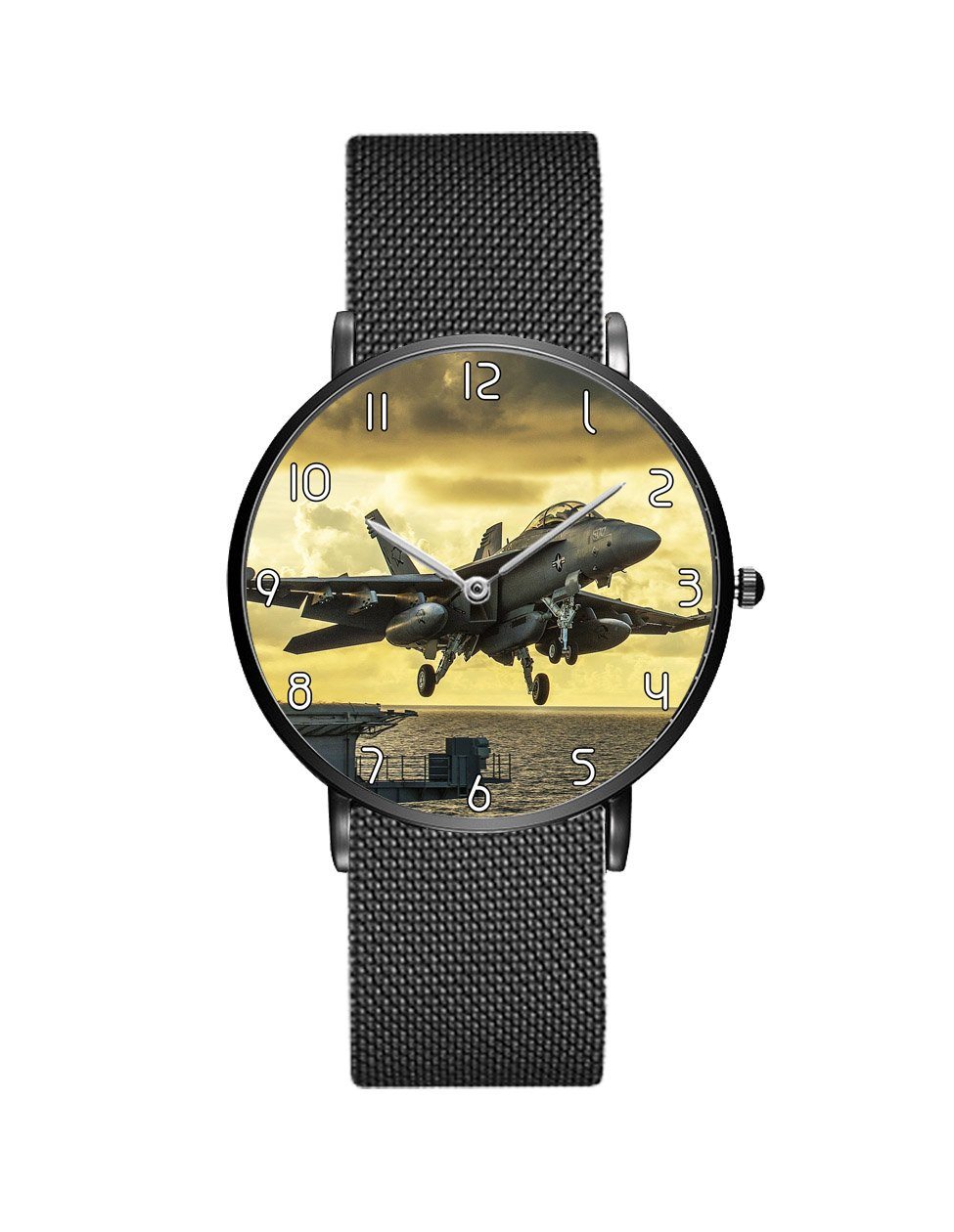 Departing Jet Aircraft Printed Stainless Steel Strap Watches Aviation Shop Black & Stainless Steel Strap 