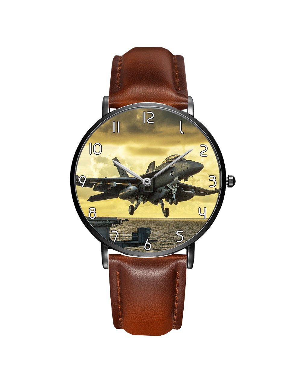 Departing Jet Aircraft Printed Leather Strap Watches Aviation Shop Black & Brown Leather Strap 