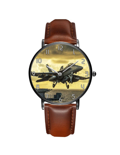 Side view of Departing Jet Aircraft Printed aviation slim watch in stainless steel, polished finish.