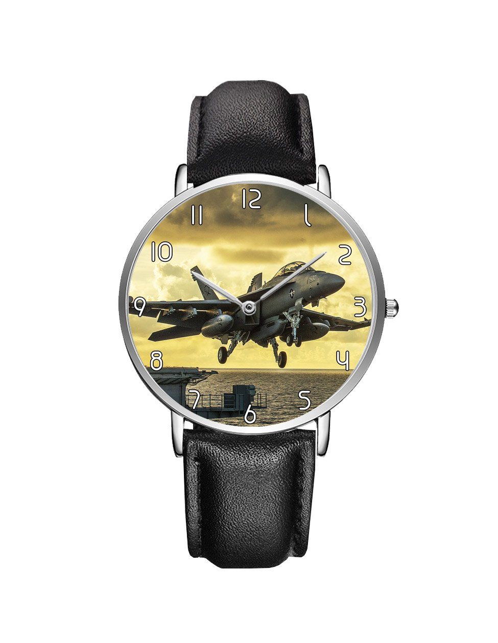 Departing Jet Aircraft Printed Leather Strap Watches Aviation Shop Silver & Black Leather Strap 