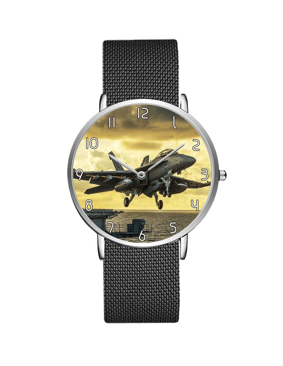 Departing Jet Aircraft Printed Stainless Steel Strap Watches Aviation Shop Silver & Black Stainless Steel Strap 