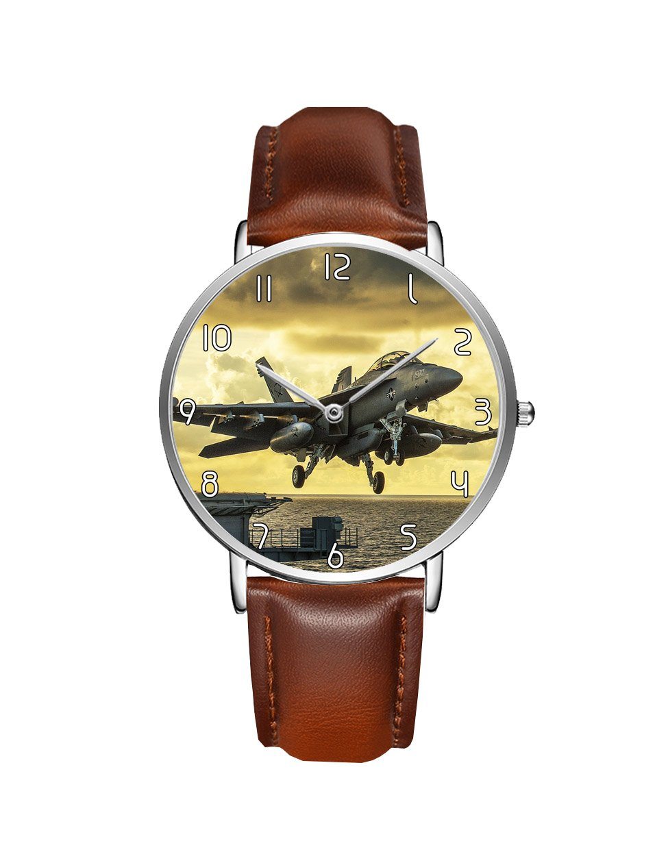 Departing Jet Aircraft Printed Leather Strap Watches Aviation Shop Silver & Brown Leather Strap 