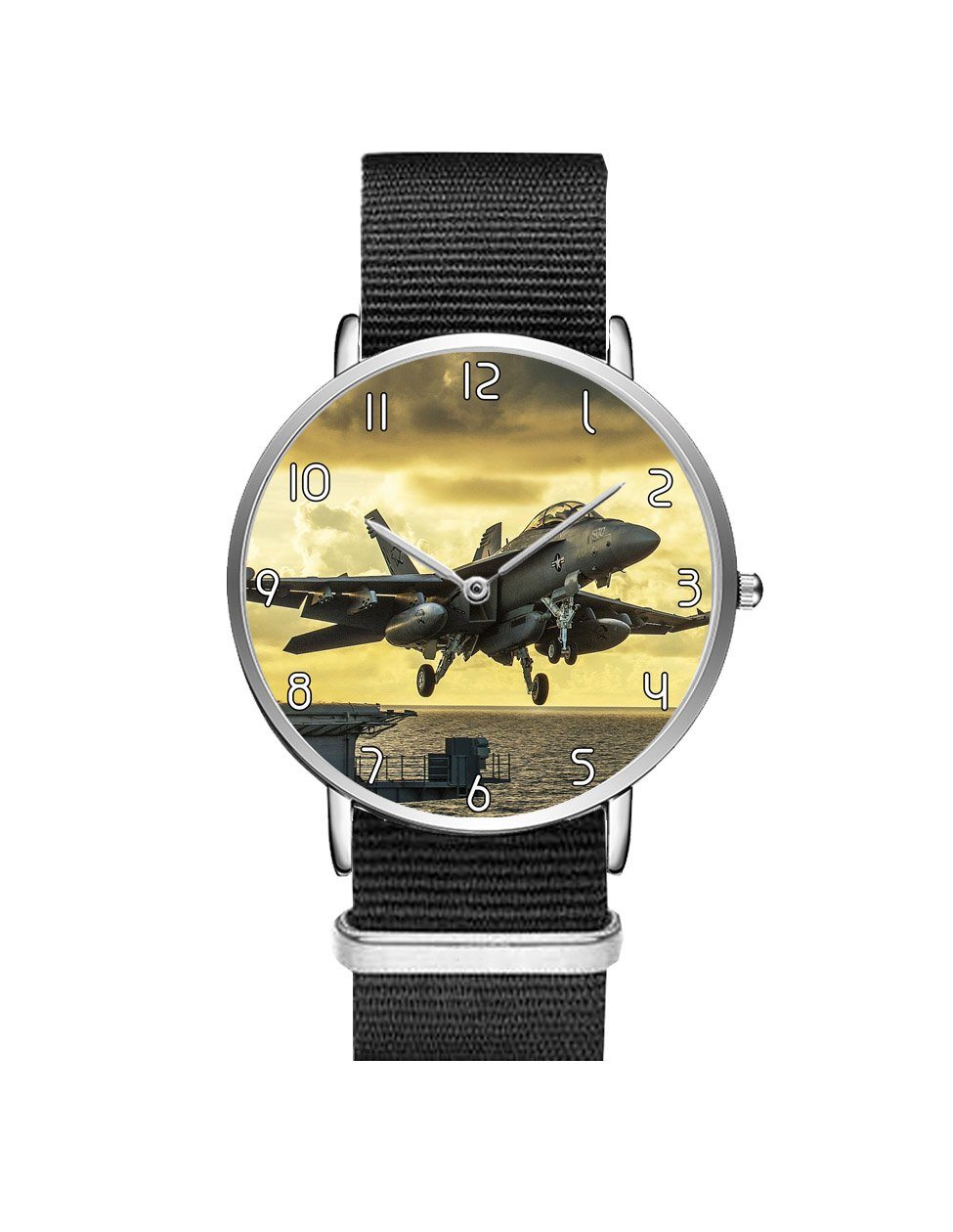 Departing Jet Aircraft Printed Leather Strap Watches Aviation Shop Silver & Black Nylon Strap 