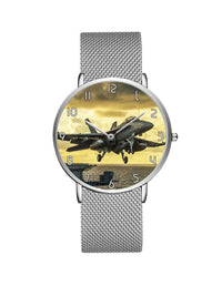 Thumbnail for Departing Jet Aircraft Printed Stainless Steel Strap Watches Aviation Shop Silver & Silver Stainless Steel Strap 