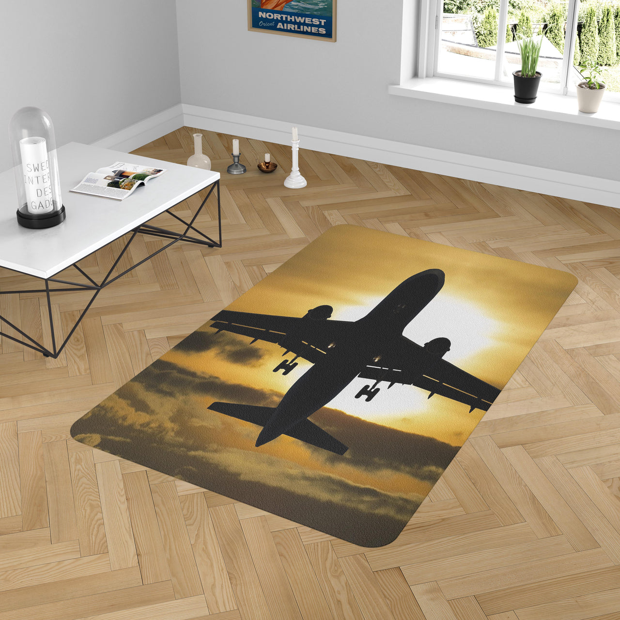 Departing Passanger Jet During Sunset Designed Carpet & Floor Mats