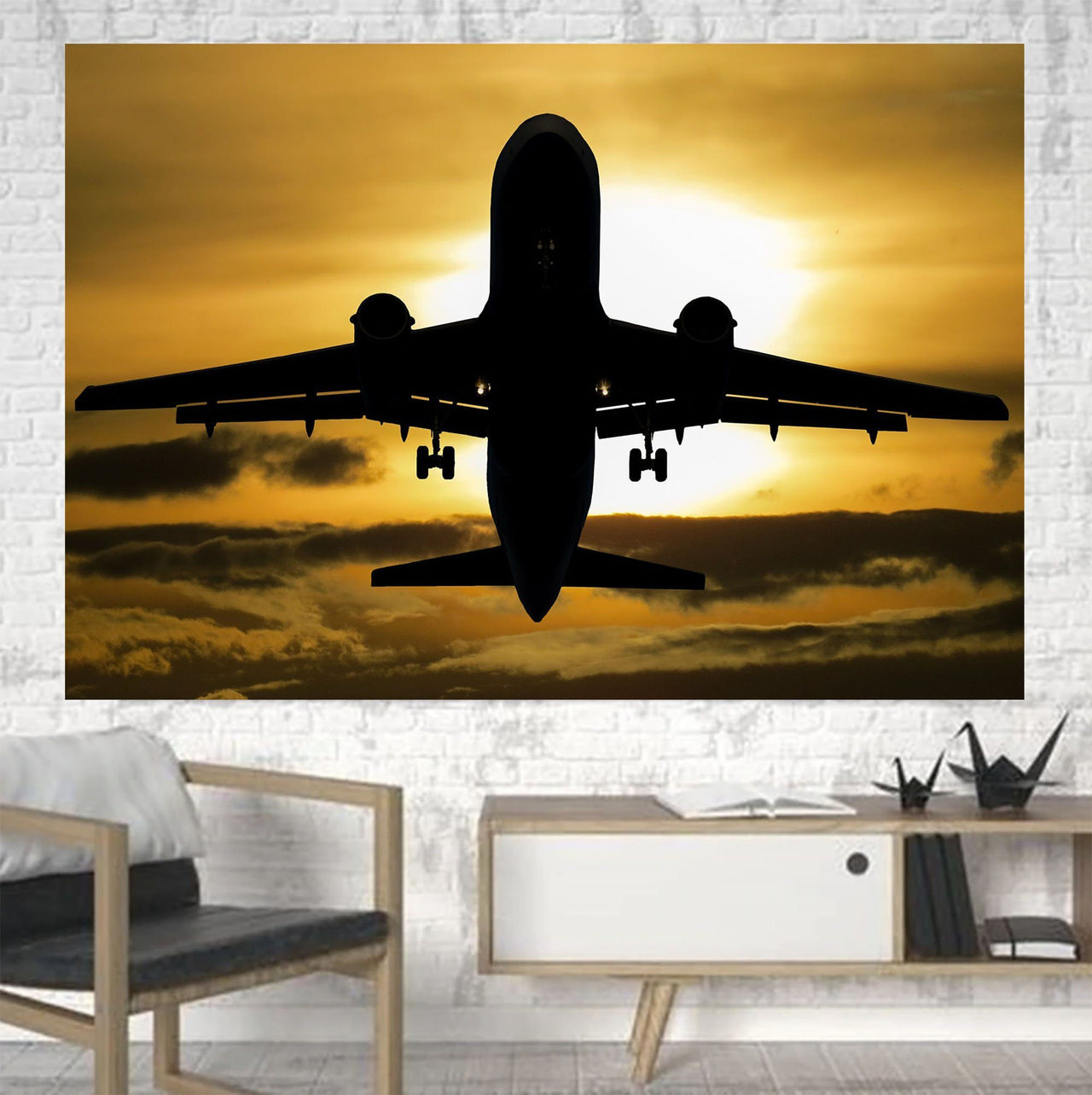 Departing Passenger Jet During Sunset Printed Canvas Posters (1 Piece) Aviation Shop 