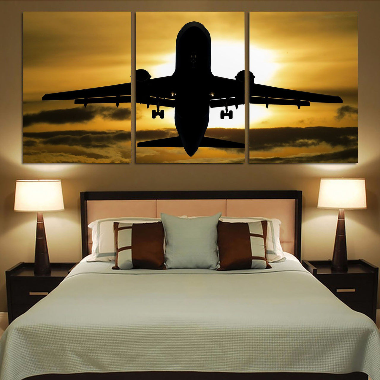 Departing Passenger Jet During Sunset Printed Canvas Posters (3 Pieces) Aviation Shop 