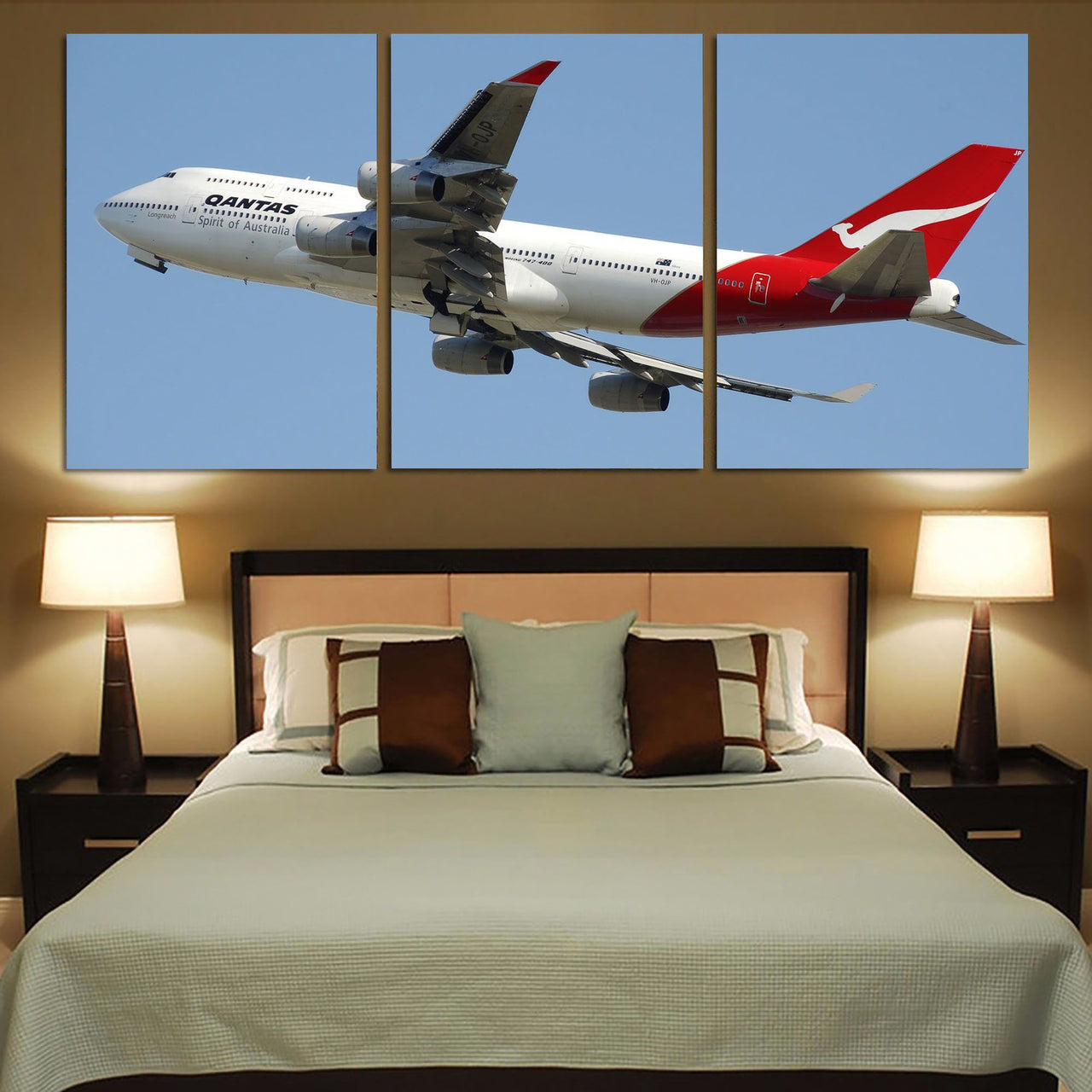 Departing Qantas Boeing 747 Printed Canvas Posters (3 Pieces) Aviation Shop 