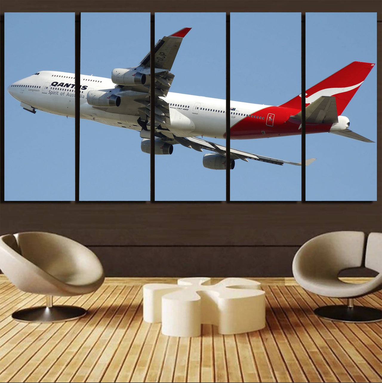 Departing Qantas Boeing 747 Printed Canvas Prints (5 Pieces) Aviation Shop 
