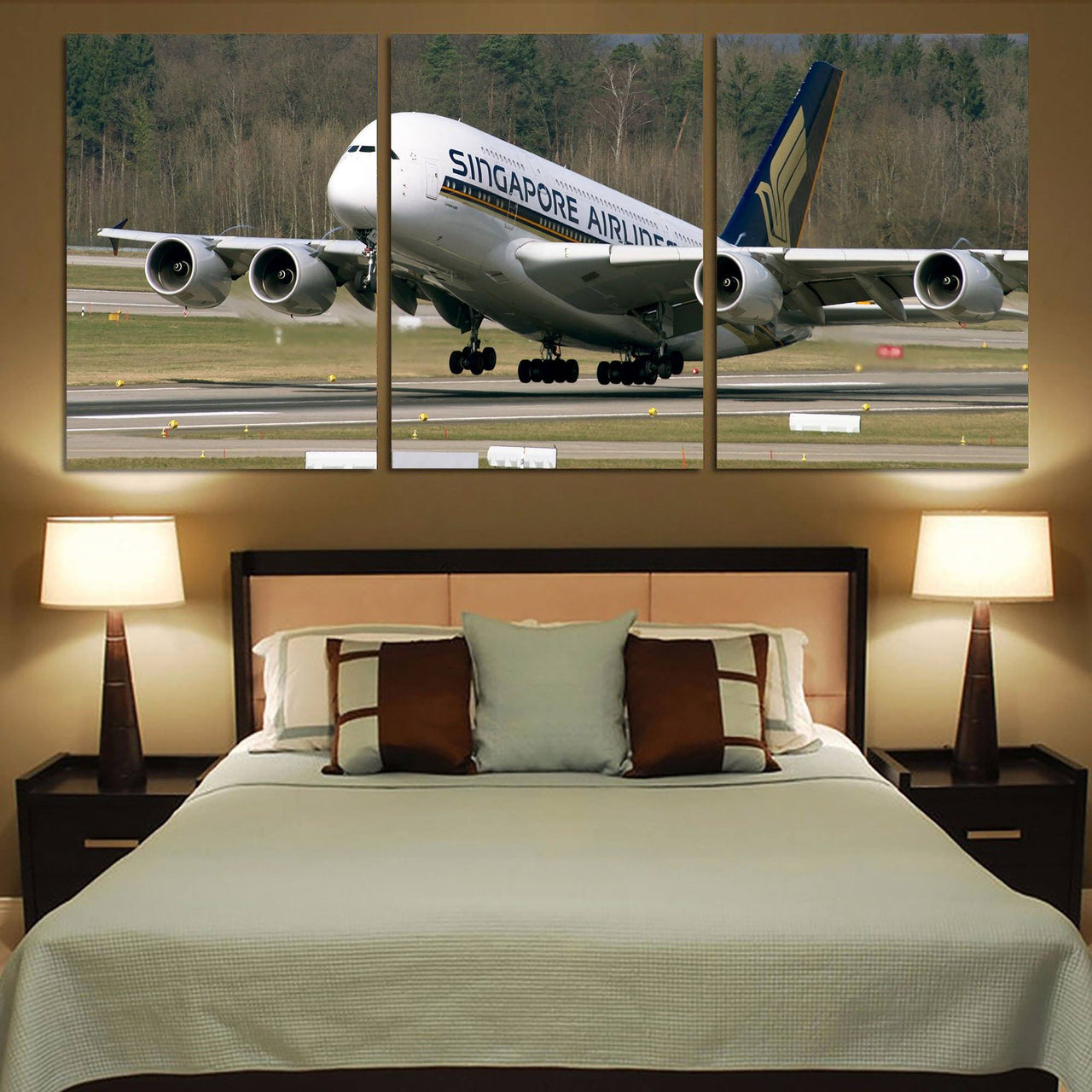 Departing Singapore Airlines A380 Printed Canvas Posters (3 Pieces) Aviation Shop 