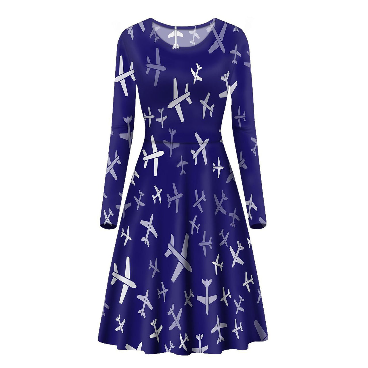 Different Sizes Seamless Airplanes Designed Long Sleeve Women Midi Dress