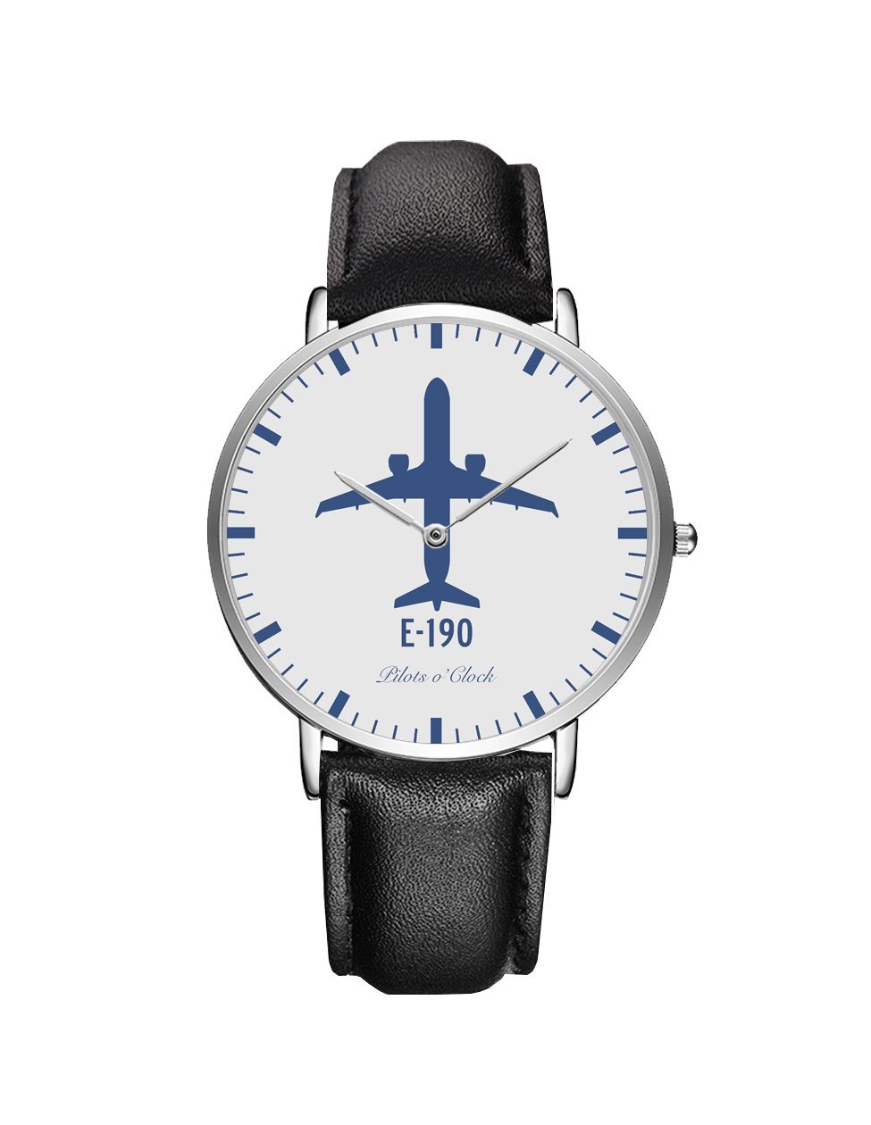 Embraer E190 Leather Strap Watches Pilot Eyes Store Silver & Black Leather Strap 