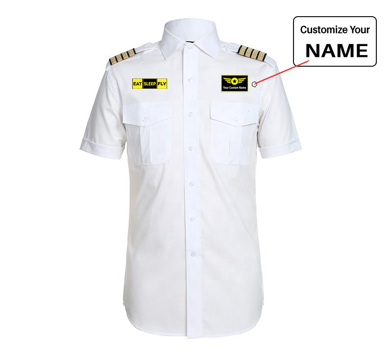 Eat Sleep Fly (Colourful) aviation design printed on crisp poplin cotton pilot uniform shirt.
