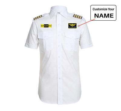 Eat Sleep Fly (Colourful) aviation design printed on crisp poplin cotton pilot uniform shirt.