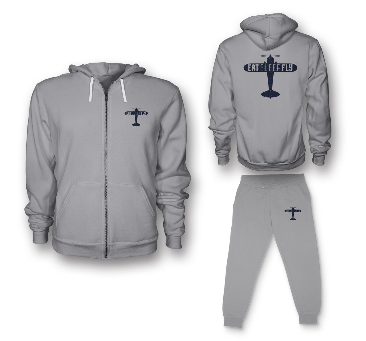 Eat Sleep Fly & Propeller Designed Zipped Hoodies & Sweatpants Set