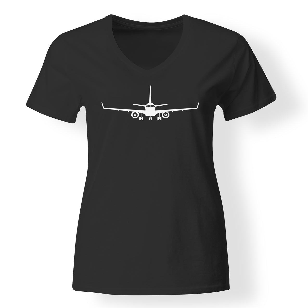 Embraer E-190 Silhouette Plane Designed V-Neck T-Shirts