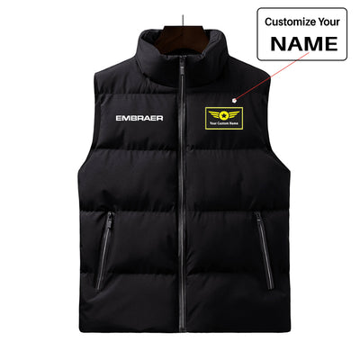 Embraer & Text aviation design printed on quilted padding with sleeveless design puffy vest.