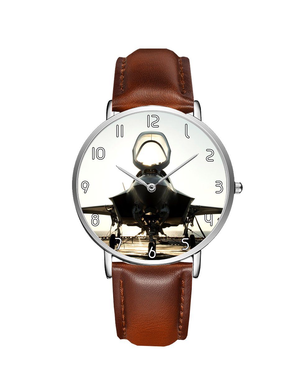 Fighting Falcon F35 Printed Leather Strap Watches Aviation Shop Silver & Brown Leather Strap 