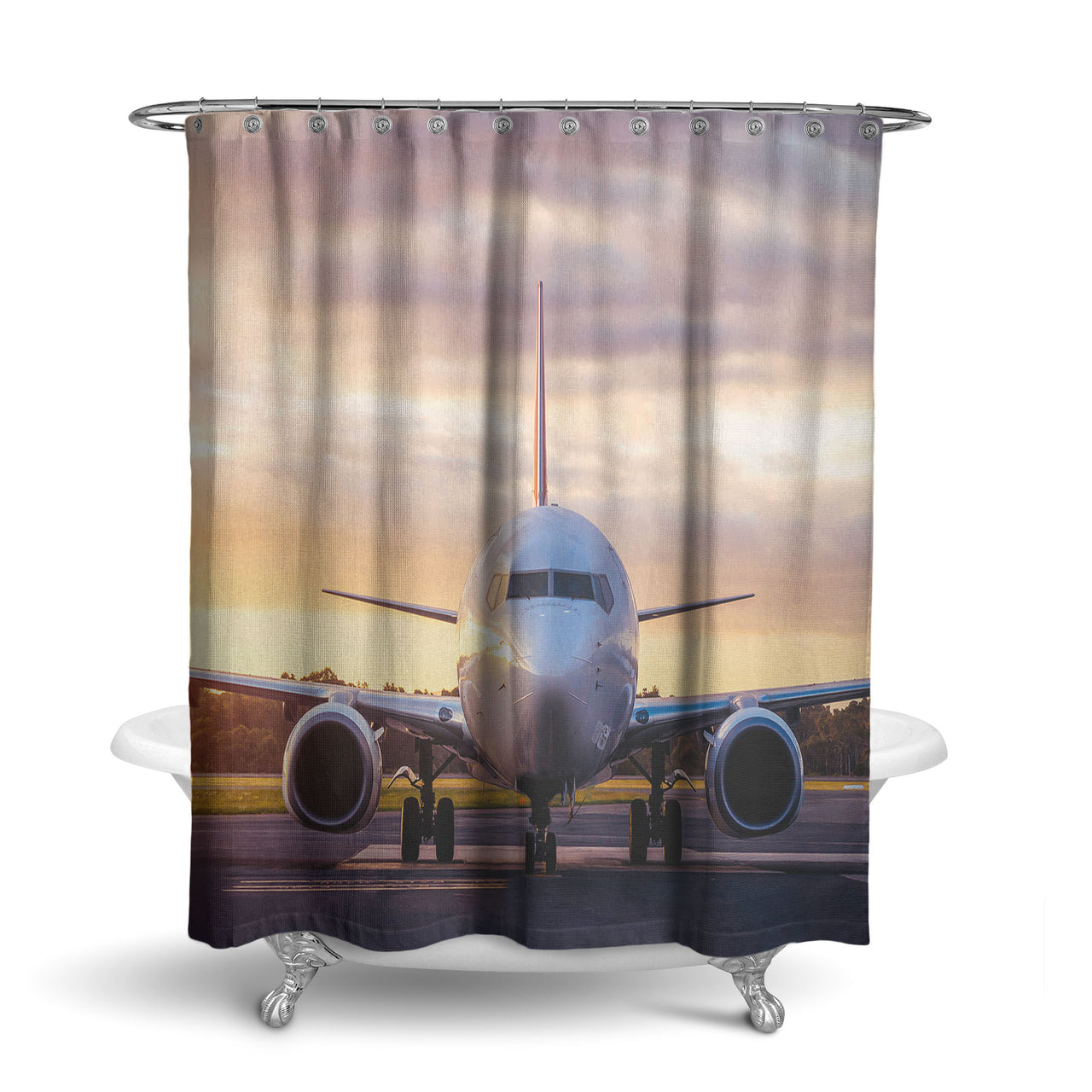Face to Face with Boeing 737-800 During Sunset Designed Shower Curtains