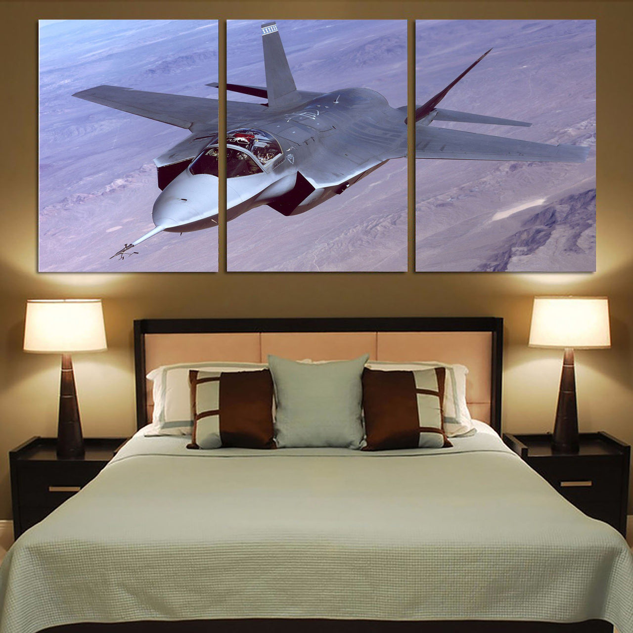 Fighting Falcon F35 Captured in the Air Printed Canvas Posters (3 Pieces) Aviation Shop 