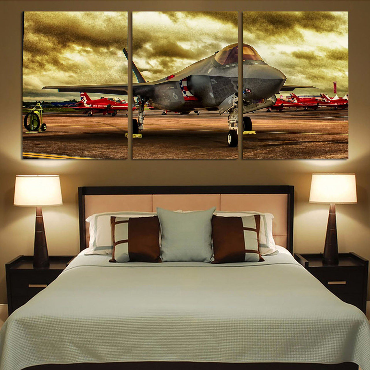 Fighting Falcon F35 at Airbase Printed Canvas Posters (3 Pieces) Aviation Shop 