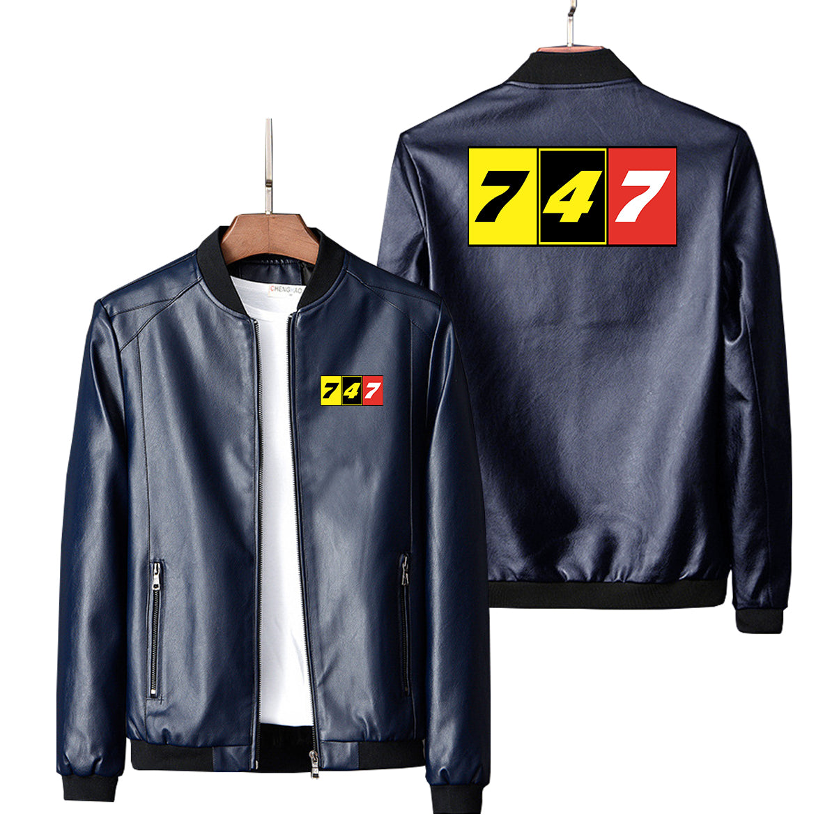 Flat Colourful 747 Designed PU Leather Jackets