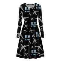 Thumbnail for Fly Be Free Black Designed Long Sleeve Women Midi Dress