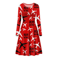 Thumbnail for Fly Be Free Red Designed Long Sleeve Women Midi Dress