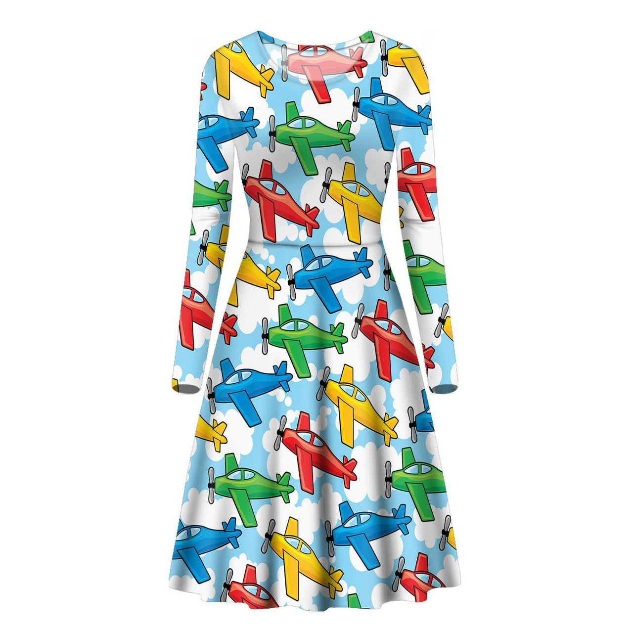 Funny Airplanes Designed Long Sleeve Women Midi Dress
