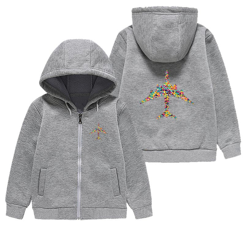 Colourful Airplane Designed "CHILDREN" Zipped Hoodies